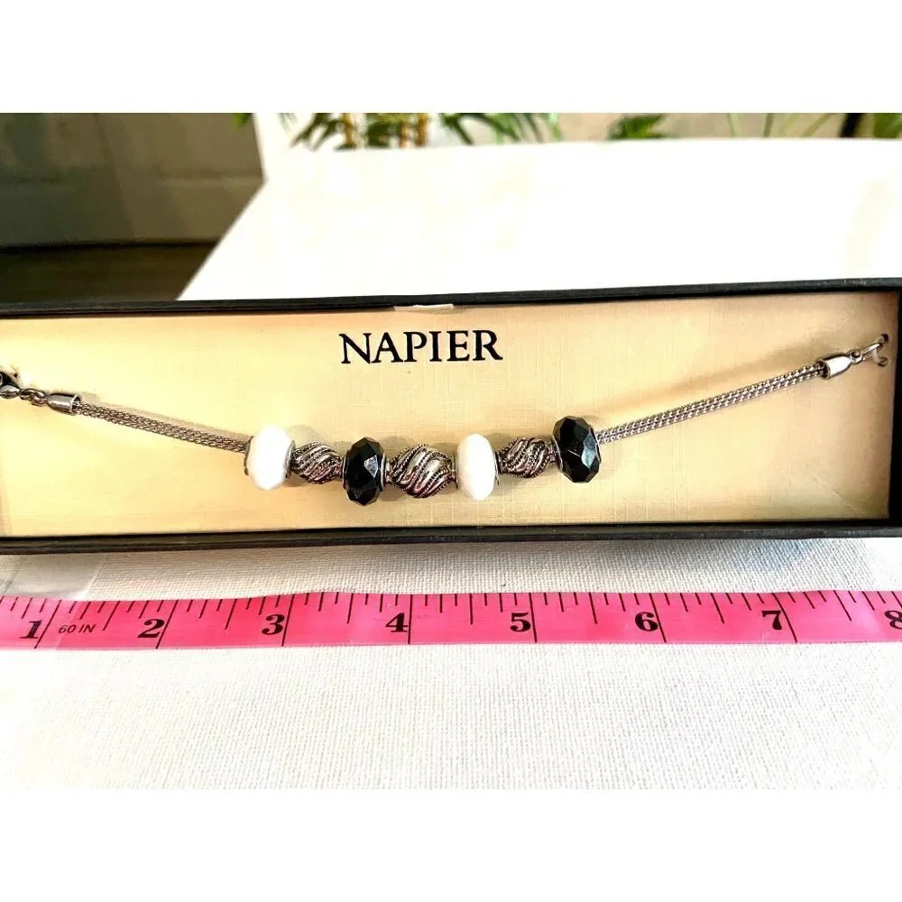 Napier Bracelet w Silver Rope Twist‎ & Black & White Glass Faceted Slides